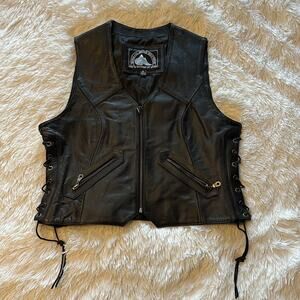 Women’s Himalaya Leather Motorcycle Vest Lace-Up Sides Black Size L